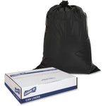 Genuine Joe black tied contractor trash bag pictured next to a Genuine Joe branded can liners box on white background
