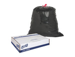 Large black drawstring trash bag tied with red string beside a Genuine Joe can liners box