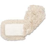 Beige looped cotton dust mop refill shown partially folded to reveal shaggy fringe and center panel