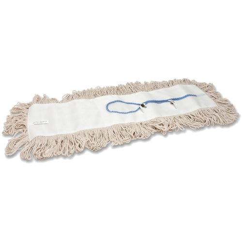 Flat beige cotton fringe dust mop refill with white center panel and blue cord detail
