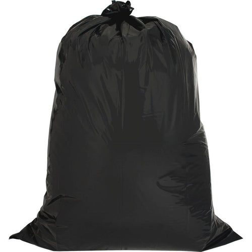 Large black tied trash bag, filled and standing upright against a white background