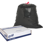 Genuine Joe black drawstring trash bag with red tie beside a Genuine Joe can liners box