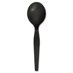 Black heavyweight disposable soup spoon with oval bowl and ribbed textured handle on white background