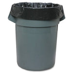 Black trash liner fitted over the rim of a gray round trash can, edges folded outward