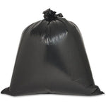 Tied black garbage bag filled and knotted at the top, glossy low-density plastic appearance
