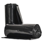 Two rolls of Genuine Joe black trash bags, one standing and one lying down, shown on a white background