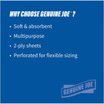 Blue informational panel listing reasons to choose Genuine Joe: soft & absorbent, multipurpose, 2-ply, perforated for flexible sizing, with brand logo.