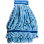 Close-up of a blue Genuine Joe microfiber mop head refill with looped strands and stitched band