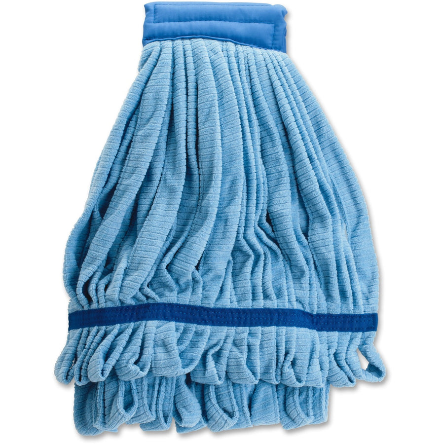 Close-up of a blue Genuine Joe microfiber mop head refill with looped strands and stitched band