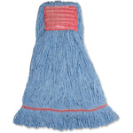 Genuine Joe blue synthetic mop head with red sewn attachment band and reinforced lower stitching