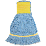 Close-up of a blue cotton mop head featuring a wide yellow stitched top band and a yellow reinforcement band