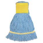 Blue cotton mop head with wide yellow stitched attachment band and yellow reinforcement band near base