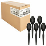 Large cardboard box with Genuine Joe label shown beside six black heavyweight plastic spoons arranged vertically.
