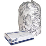 Genuine Joe carton next to a transparent trash bag stuffed with crumpled white paper, shown on white background