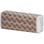 Side view of Genuine Joe C-fold hand towel pack showing white folded towels and branded brown wrapper
