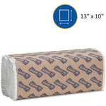 Genuine Joe C-fold towel pack with branded wrapper and a graphic showing 13" x 10" dimensions