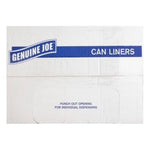 White cardboard box panel with Genuine Joe logo and CAN LINERS text plus punch-out opening instructions