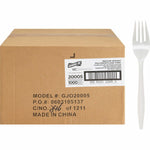 Cardboard shipping carton with Genuine Joe product label and a white plastic fork shown at right
