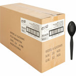 Cardboard shipping carton labeled Genuine Joe next to a single black heavyweight plastic spoon on white background.