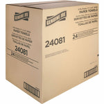 Close-up of a large Genuine Joe cardboard shipping carton showing product text and barcode on a white background.