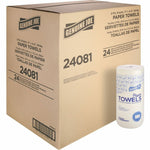 Large cardboard carton marked Genuine Joe 24081 with a single wrapped paper towel roll placed beside the box on a white background.