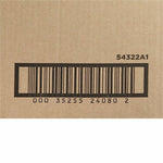 Close-up of a printed barcode and identification numbers on a kraft Genuine Joe shipping carton