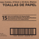 Close-up of Genuine Joe cardboard box text showing 15 rolls/carton, sheet dimensions and barcode area