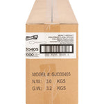 Top view close-up of a cardboard carton end showing Genuine Joe product label and printed model/weight markings.