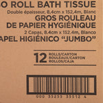 Printed carton detail showing jumbo roll bath tissue text, bilingual labeling, barcode and '12 rolls/carton' callout
