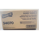 Genuine Joe paper towels cardboard box photographed on a light surface showing logo, 34070 code and barcode