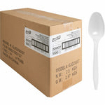 Genuine Joe cardboard shipping carton labeled for model GJO20007 with a white plastic spoon shown alongside