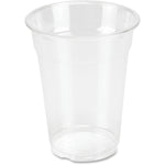 Genuine Joe clear disposable plastic cup shown on a white background, close-up of cup shape and rim.