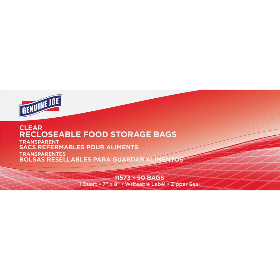 Genuine Joe packaging art showing red wave design and label reading clear recloseable food storage bags, 11573 • 50 bags