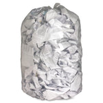 Transparent trash bag filled with shredded and crumpled white paper against a white background