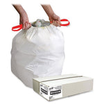 Hands pulling red drawstring to close a filled white trash liner, white carton box shown at the bag base.