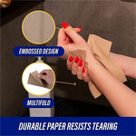 Hands using a brown multifold paper towel with callouts showing embossed texture and multifold design
