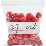 Clear reclosable zipper bag filled with small red cherry tomatoes and a writable label marked “27-oct” across the front