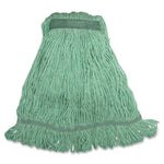 Green cotton mop head with narrow stitched band, top pocket for handle and looped yarn strands