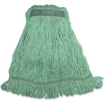 Green cotton mop head with narrow stitched band, top pocket for handle and looped yarn strands
