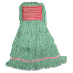 Genuine Joe green synthetic mop head with red stitched attachment pad and welted band