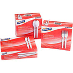 Three red Genuine Joe cutlery boxes grouped together showing plastic spoons, forks and a box labeled plastic knives