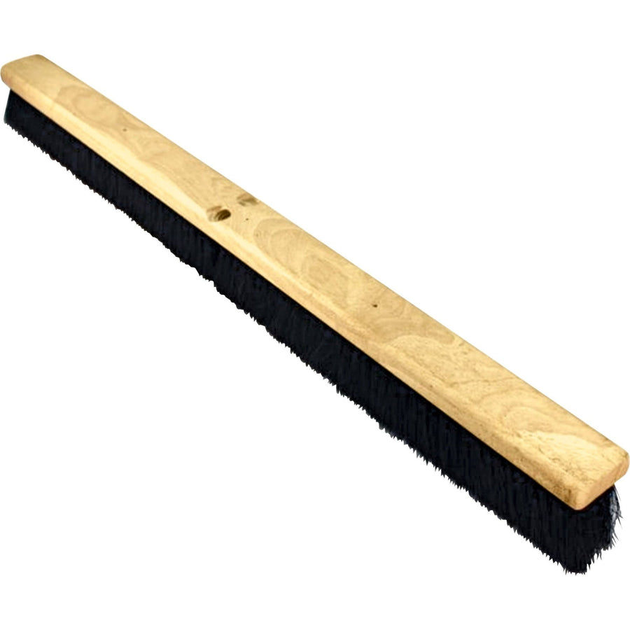 Long hardwood block broom head with black bristles, angled on white background