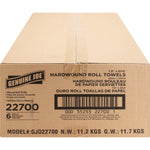 Close front view of a Genuine Joe corrugated box labeled for hardwound roll towels with model and weight details