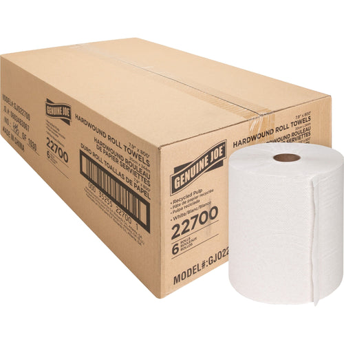 Genuine Joe corrugated carton of hardwound roll towels with a single white roll shown beside the box