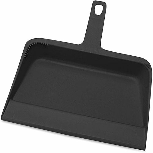 Genuine Joe black heavy-duty plastic dust pan with short handle and serrated broom comb