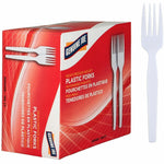 Genuine Joe red retail box for heavyweight white plastic forks shown with a single white plastic fork alongside.