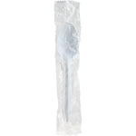 Individually sealed white plastic spoon in clear plastic wrapper, packaged single-use style from Genuine Joe