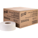 Cardboard carton of Genuine Joe jumbo roll bath tissue with a single white jumbo roll placed in front