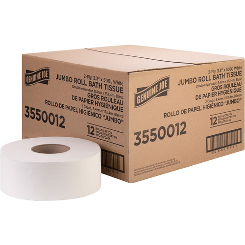 Cardboard carton of Genuine Joe jumbo roll bath tissue with a single white jumbo roll placed in front