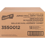 Close-up front of a Genuine Joe cardboard carton labeled Jumbo Roll Bath Tissue with product code and quantity markings